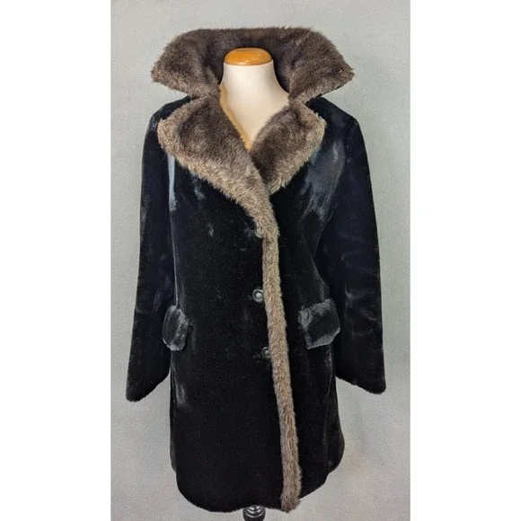 Vtg Glenorba Glenoit Faux Fur Coat Womens Black Brown Trim Winter Cozy Retro USA - Picture 12 of 16